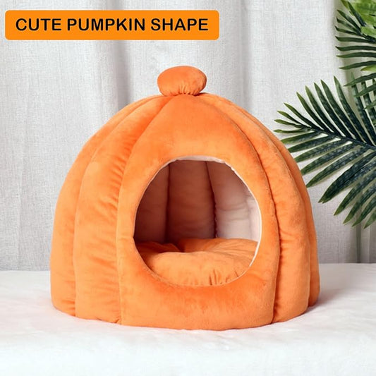 Cat Bed for Indoor Cats, Cute Pumpkin Style Cat Cave Bed Cat House Tent with Removable Cushion Soft Fluffy Pet Bed for Kitten Small Cat Rabbit Bunny (Orange)