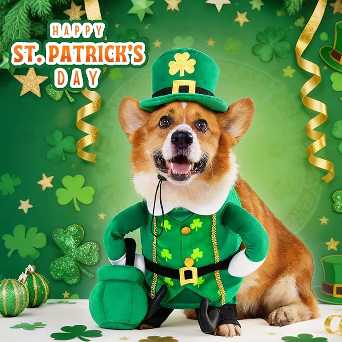 Leprechaun Dog Costume, St Patrick’s Day Pet Outfit with Adjustable Leprechaun Hat & Playful Gold Pot, Lucky Irish Holiday Clothes for Small Medium Large Dogs Cats Puppy