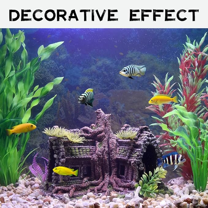 PTFJZ Aquarium Decorations Large Fish Tank Ornament Reptile House Shelter Decor Aquarium Hides with Betta Cave Temple Ruins Tree House Aquarium Landscape Decoration