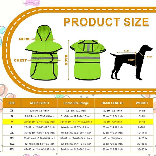 Dog Raincoat, Dog Rain Jacket Waterproof Jacket Reflective Adjustable Hooded Pet Rain Coat with Leash Hole, (Fluorescent Green, M), Intended for Large Medium Small Puppies
