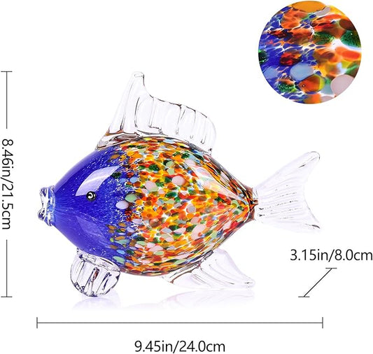 Large Hand Blown Glass Fish Figurines, Aquarium Sea Glass Art, Blue Orange Fish Statue Sculpture Modern Coastal Accent - for Beach Knick Knacks, Coffee Tables, Nautical Offices Centerpiece