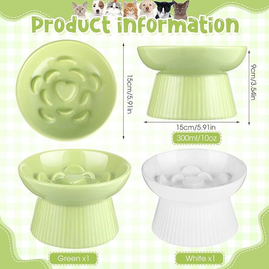 Tioncy 2 Pcs Raised Cat Slow Feeder Bowl Ceramic Elevated Cat Dog Food Bowl No Spill High Edge for Dry Wet Food and Water Easy to Clean, Dishwasher Safe(White, Green)