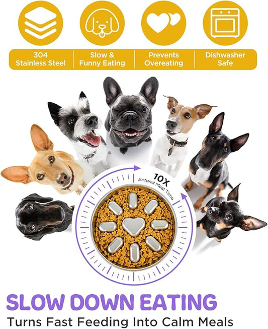 Slow Feeder Dog Bowls with Non-Slip Mat, Stainless Steel Metal Slow Feeder for Small & Medium Dogs, 2 Cups Pet Bowl for Fast Eaters, Slows Down Eating, Dishwasher Safe, Anti-Gulping Dog Bowl