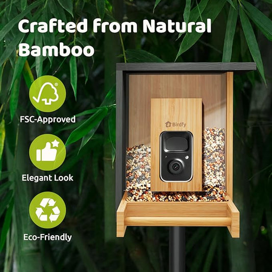 Birdfy Smart Bird Feeder with Camera, High-End Bamboo, Solar Powered Bird-Feeder with 2K Camera for Live Stream&Permanent AI Identifies Birds with Motion Detection,Ideal for Mom,Gran&Me