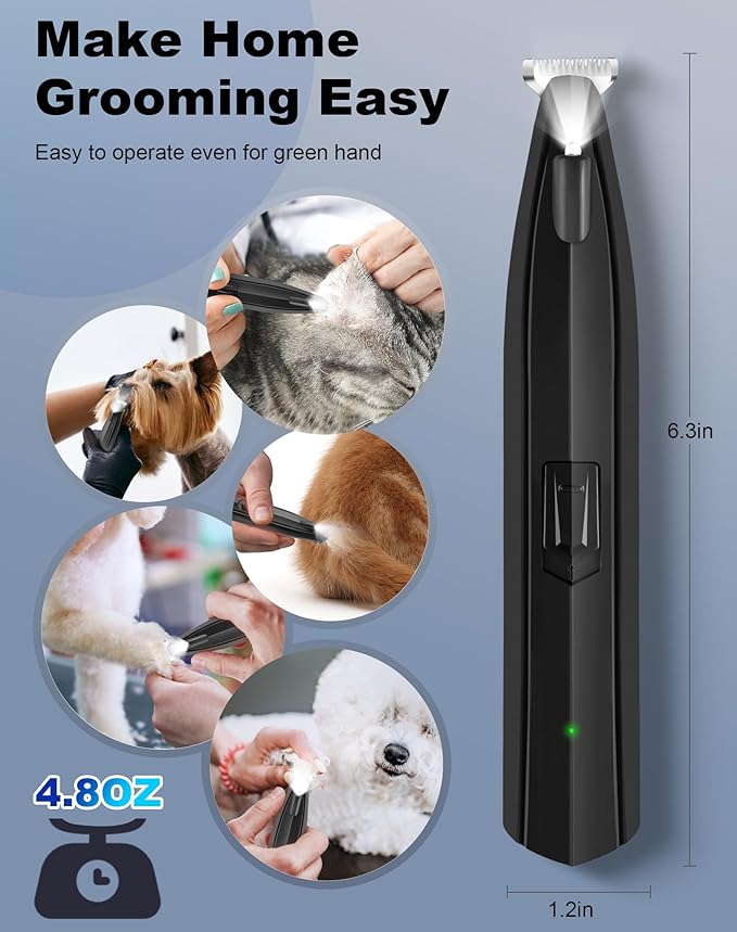 Dog Paw Trimmer for Grooming, Cordless Electric Dog Clippers with LED Light, Rechargeable Low Noise Small Pet Shaver for Trimming Cat's Hair Around Eyes, Faces, Ears, Paws, Rump(Black)