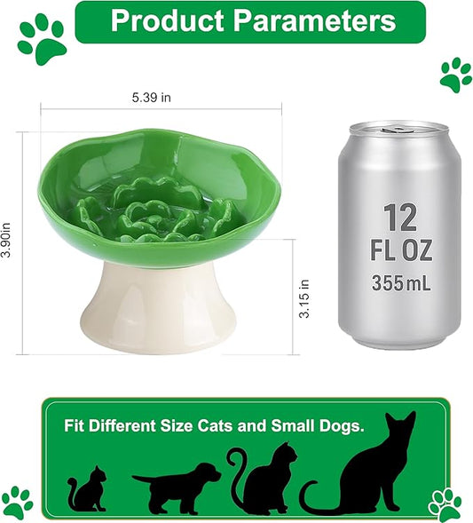 Ceramic Slow Feeder Bowl for Cats and Small Dogs, Elevated Tilted Pet Food Dish, Whisker Friendly Anti-Vomit Design, Heavy Stable Base, Dishwasher Safe, 5 Colors Options (Leaf Green)