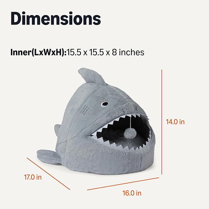 Amazon Basics Cat House Shark Shape Cat Cave Bed for Indoor Cats, Cat Tent with Washable Cushioned Pillow, Kitten Lively Bed, 17x16x14 in,Grey