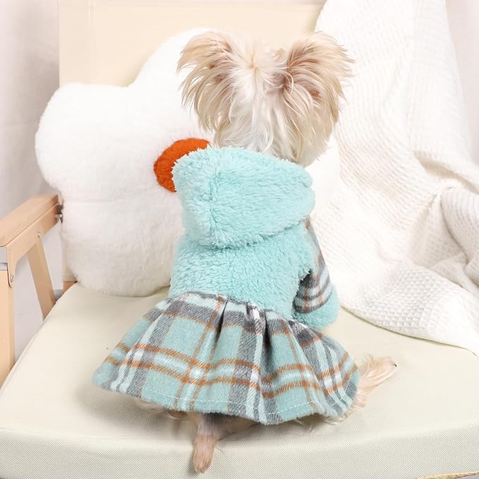Dog Hoodie Dress Winter Pet Sweaters for Small Dogs Girl Cold Weather Warm Puppy Dresses Plaid Pet Clothes Outfits for Chihuahua Yorkie Teacup Cat Skirt Coat Apparel Clothing (Small, Blue)