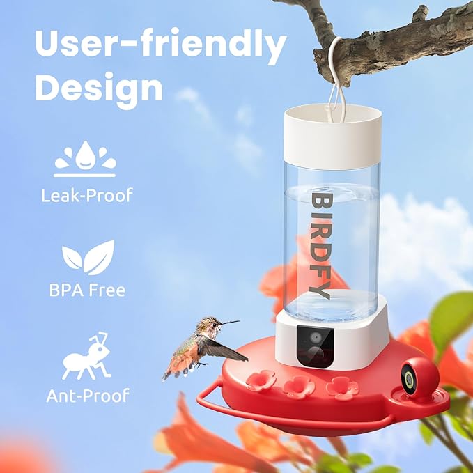 Birdfy Hummingbird Feeder with Dual Cameras AI Identify - 2K HD Smart Cameras, Close-Up Bird Video/Live Watching & Instant Notifications, Ant Moat & Leakproof - 20oz (Lifetime AI)