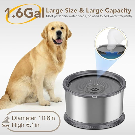 1.6 Gallon Dog Water Bowl, 6.5L/220oz Stainless Steel No Spill Water Bowl for Large Dogs, Super Large Capacity Splash Proof Pet Slow Drinking Water Bowl with Anti-Slip Mat for Mess Drinkers