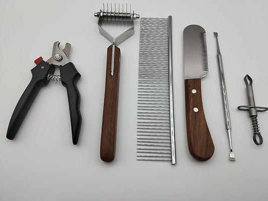 Pet Grooming Kit – Dog Grooming Tools Set with Dematting Rake, Stainless Steel Comb, Stripping Knife, Nail Clipper, Tick Remover & Dental Scaler (Black, 6 Piece)