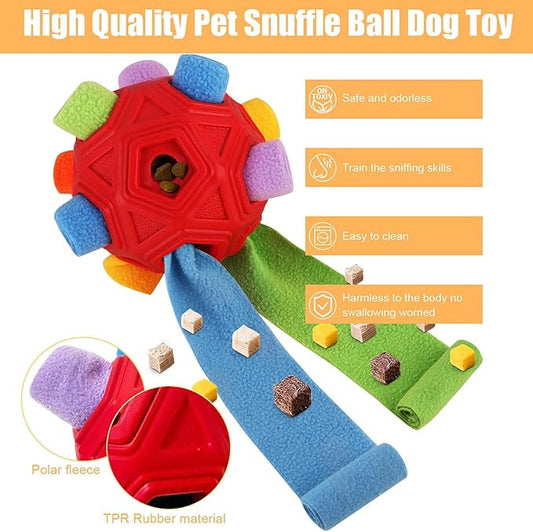Dog Snuffle Ball-Interactive Puzzle Dog Toys Encourage Natural Foraging Skills Slow Feeder for Training and Stress Relief, Cloth Strip Hiding Food Chew Toys for Any Size Dogs, Machine Washable (Red)