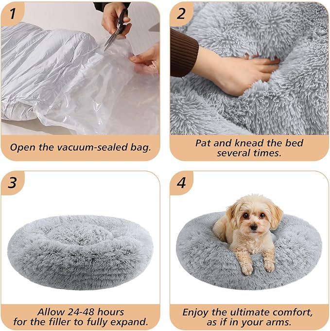 JOLLYVOGUE Small Dog & Cat Beds for Indoor Cats, Donut Cuddler Warming Soft Dog Beds with Anti-Slip Bottom, Round Calming Fluffy Plush Faux Fur Cushion Bed for Small Dogs (20", Smoke Grey)