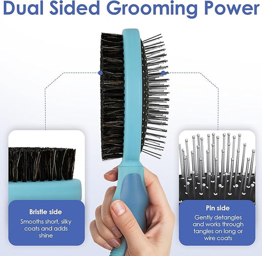 AKC - Double-Sided Grooming Brush for Dogs & Cats |Soft Bristles & Stainless Steel Pins for Removing Tangles, Shedding & Loose Fur |Gentle on Skin | Comfortable Grip Handle for Easy Brushing & Bathing