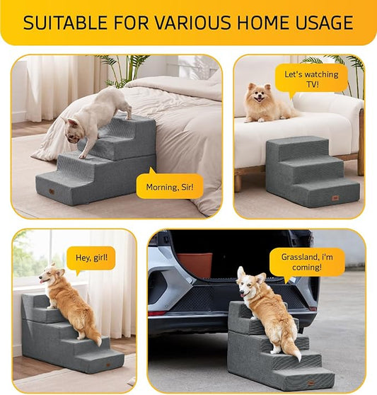 Dog Stairs for Small Dog Steps for Bed Ramps Stairs Extra Wide Steps for Bed Foam Stairs for Couch Sofa 35D Strong Support Pet Stairs Non-Slip Bottom Pet Steps to Get on Bed, Grey, 3 Steps