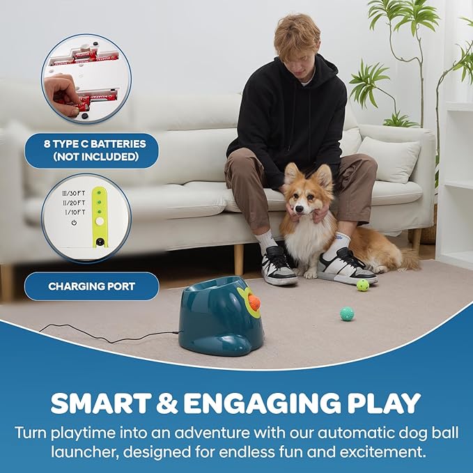 Automatic Small Dog Ball Launcher - Remote Control Interactive Fetch Machine Thrower for Small and Medium Sized Dogs with 6 High-Bounce Washable Latex Balls, Training Clicker, and Whistle – Blue