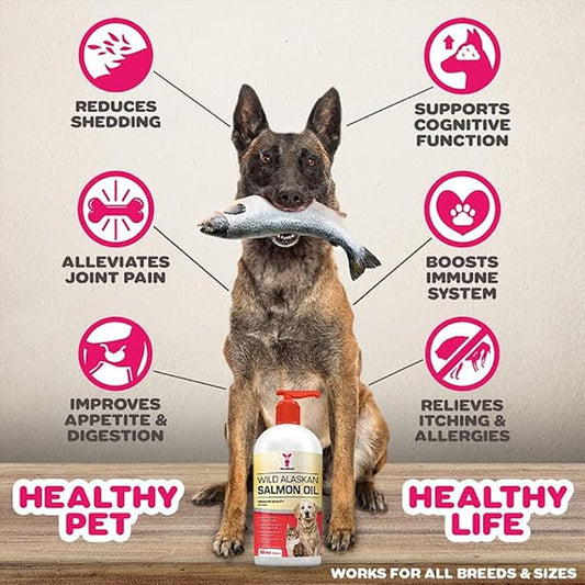 SavvyBeast Wild Alaskan Salmon Oil for Dogs, Cats & Ferrets – Omega-3 Fish Oil Pet Supplement with EPA & DHA – Supports Skin, Coat, Joints, Heart, Brain, Itch Relief & Immune – Unscented – 32 oz