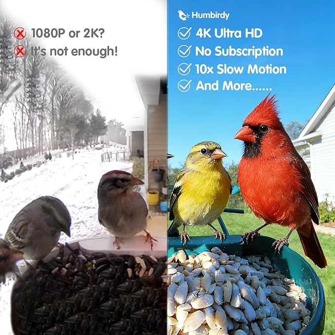 Humbirdy-Bird Feeder with Camera, 8MP Ultra HD Video & Photo, 10x Slow-Motion, 4K 30fps Live View, No Subscription, AI Identify, 2.4G/5G Wi-Fi, Solar Powered, Dural Metal, Unique Bird Watching Gifts
