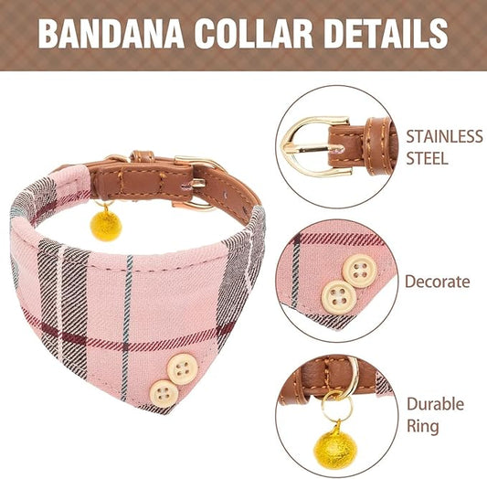 KOOLTAIL Pink Girl Dog Collar and Leash Set for Small Dogs with Bowtie and Bells - Puppy Collar and Leash with Classic Plaid Matching Pattern, Soft Leather Tangle Free Leashes for Small Dogs