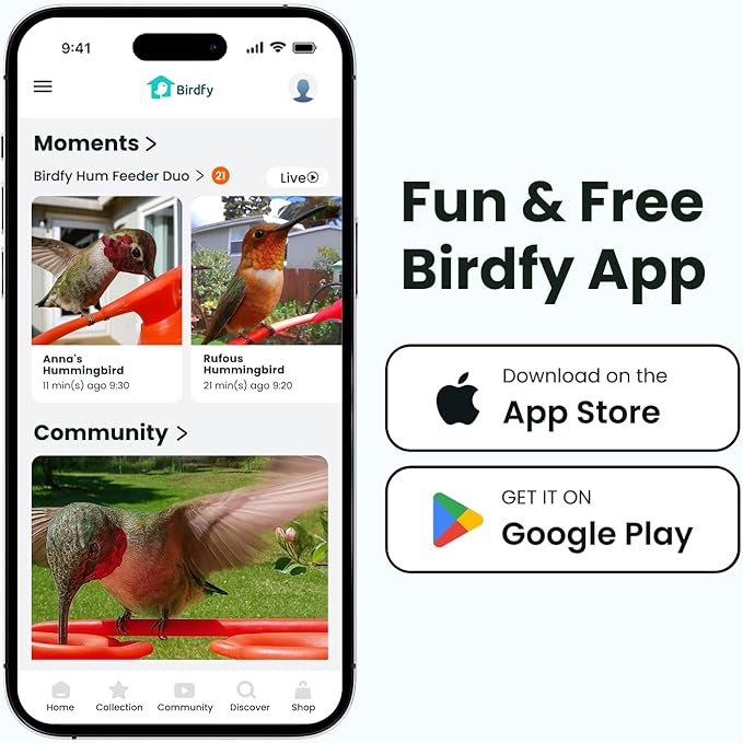Birdfy Hummingbird Feeder with Dual Cameras - 2K HD Smart Cameras Solar Powered, Close-Up Bird Video/Live Watching & Instant Notifications, Ant Moat & Leakproof - 20oz (AI Lifetime)