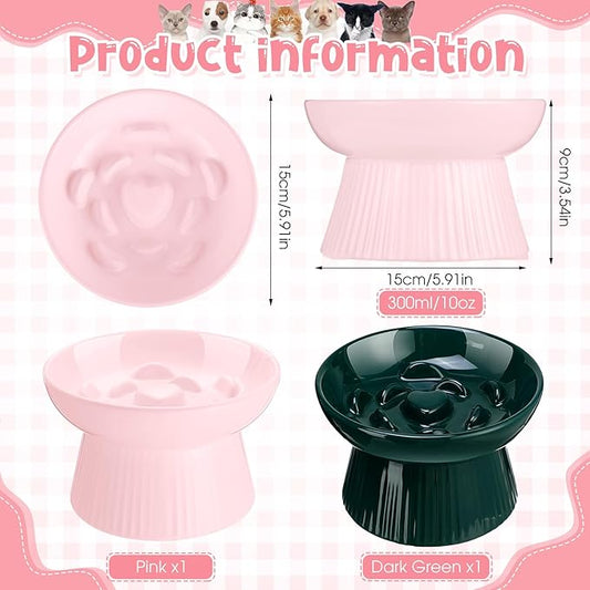 Tioncy 2 Pcs Raised Cat Slow Feeder Bowl Ceramic Elevated Cat Dog Food Bowl No Spill High Edge for Dry Wet Food and Water Easy to Clean, Dishwasher Safe(Pink, Dark Green)