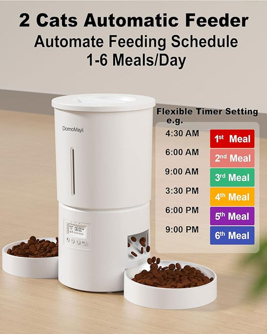 DomoMayli Automatic Cat Feeder for 2 Cats,Dual Bowl Dry Pet Food Dispenser with Portion Control & 10s Voice Recorder,Timer Feeding,Double Power,Quiet Operation(White, ABS Dual Bowls)