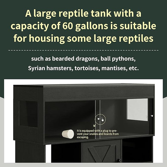 Herture 60 Gallon Reptile Tank with Stand, Terrarium Tank with Storage Cabinet, for Lizards, Skinks, Snakes, Sliding Acrylic Doors, Mesh Top, Built-in Power Outlet Black PX02RTB