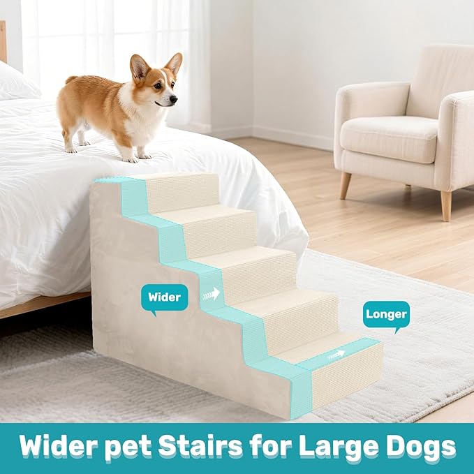 Dog Stairs for Bed, Extra Wide 5-Step Dog Steps for High Bed, High-Density Foam Pet Stairs with Non-Slip Removable Washable Cover for Small Pets, 23" H, Beige