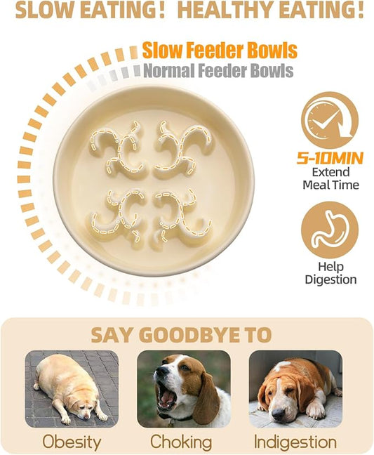 Slow Feeder Dog Bowl, 0.6 Cups Ceramic Dog Food Dish for Fast Eaters Small Breed, Puzzle Bowl for Small Dogs and Cats(Yellow)