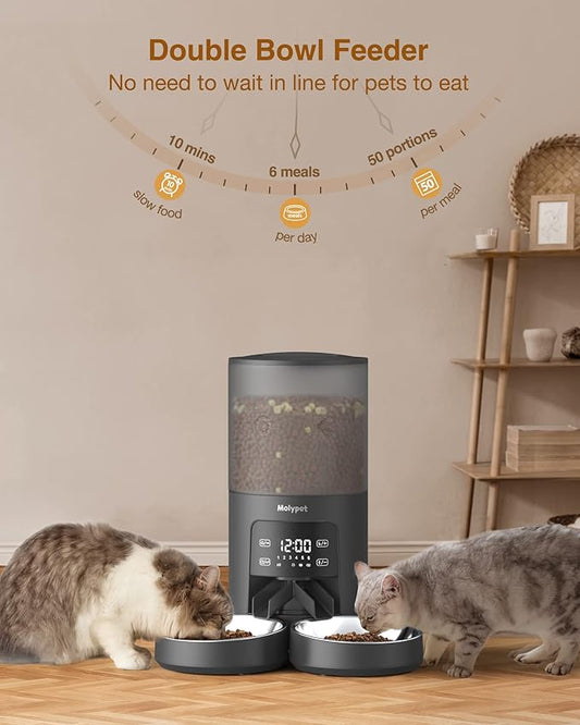 Molypet Automatic Cat Feeders for 2 Cats - 6L Food Dispenser with Double Bowls, Programmable Timed Feeder up to 6 Meals per Day with 10S Voice Recorder, Support Dual Power Supply