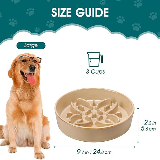 vancasso Ceramic Slow Feeder Dog Bowls, Puzzle Dog Food Bowls with Floral Maze, Anti -Slip Pet Food Dish for Large Breed, 3 Cups, Brown