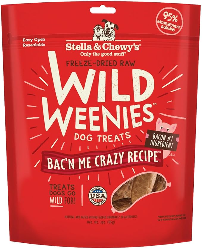 Stella & Chewy's Freeze-Dried Raw Wild Weenies Dog Treats - High-Protein Training Treats for Dogs & Puppies - All-Natural Bacon Recipe with 95% Meat & Organs - USA Made - 3 oz Bag