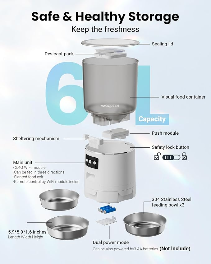 Vacqueen Automatic Cat Feeder for 3 Cats, 6L/25 Cups Smart WiFi Pet Feeder, Strong Anti-Jam System, Dual-Effect Desiccant Cat Food Dispenser, with 10S Voice Recorder for Cats and Small Dog(White)