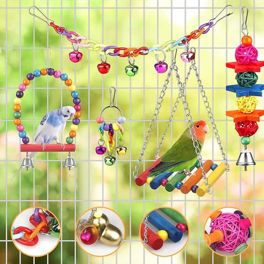 Bird Toys for Conures with Colorful Ladder Hammock Bird Cage Accerious Bird Perch Stand Chewing Toys Hanging Bell for Parrot Parakeet Cockatiel Lovebirds