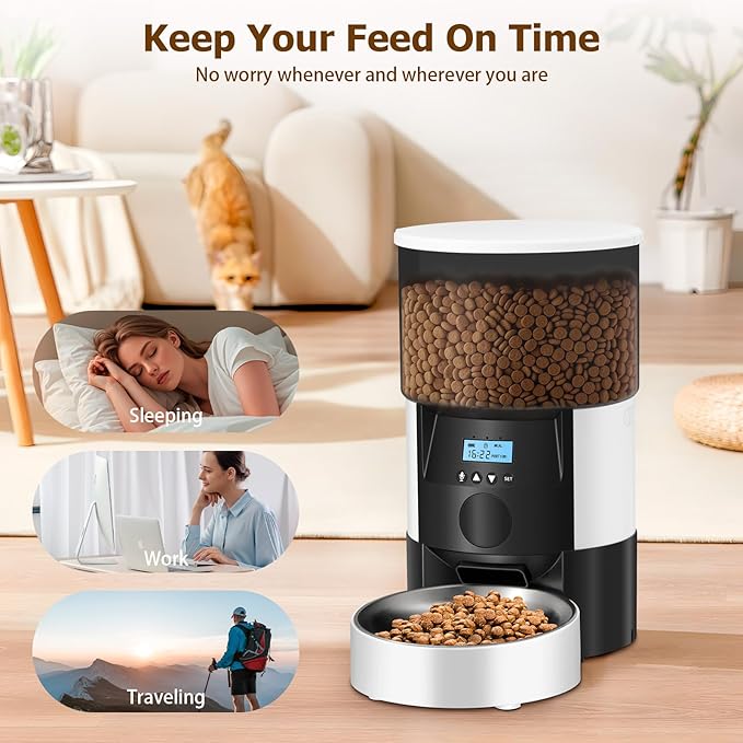 Ducksky Automatic Cat Feeder, 3L Timed Dog Food Dispenser, Auto Dry Food Feeders for Pets, Programmable Portion Control, 4 Meals/Day, Dual Power Supply, 10s Voice Recorder (White and Black - Basic)