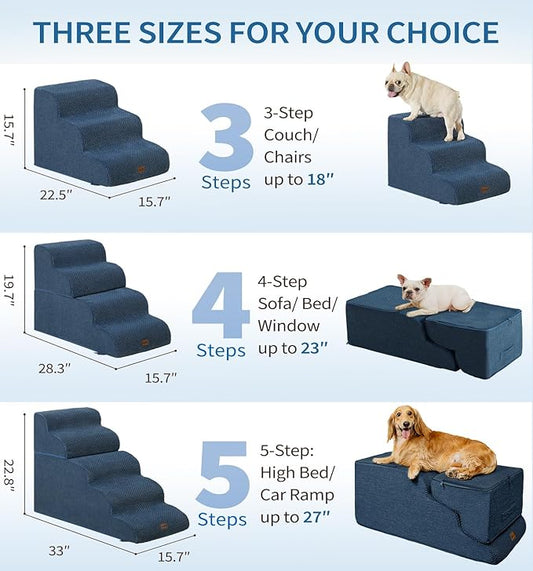 Made4Pets Dog Stairs Ramp for Small Dogs 15.7" H, 3-Step Dog Steps for Bed Couch Sofa and Chair, 35D Foam Pet Steps for Small Dogs and Cats, Non-Slip Bottom Pet Stairs, Navy