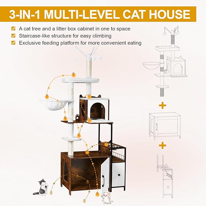 Snughome Cat Tree with Litter Box Enclosure, 3-in-1 Modern Cat Tower for Indoor Cats, 67.32’’ Hidden Cat Litter Box Furniture with Cat Condo, Food Station and Hammocks, All-in-one Cat Furniture