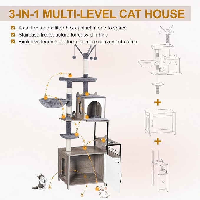 Snughome Cat Tree with Litter Box Enclosure, 3-in-1 Modern Cat Tower for Indoor Cats, 67.32’’ Hidden Cat Litter Box Furniture with Cat Condo, Food Station and Hammocks, All-in-one Cat Furniture
