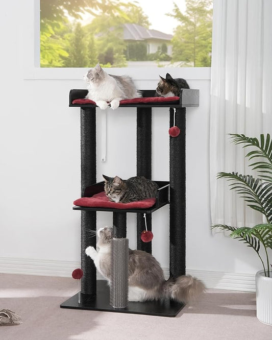 FourFurPets 43.7" Cat Tree, Modern Cat Tree Tower, Cat Tower for Indoor Cats Large Adult, Cat Condo with Scratching Post, Large Perch and Removable Pads, Black&Red