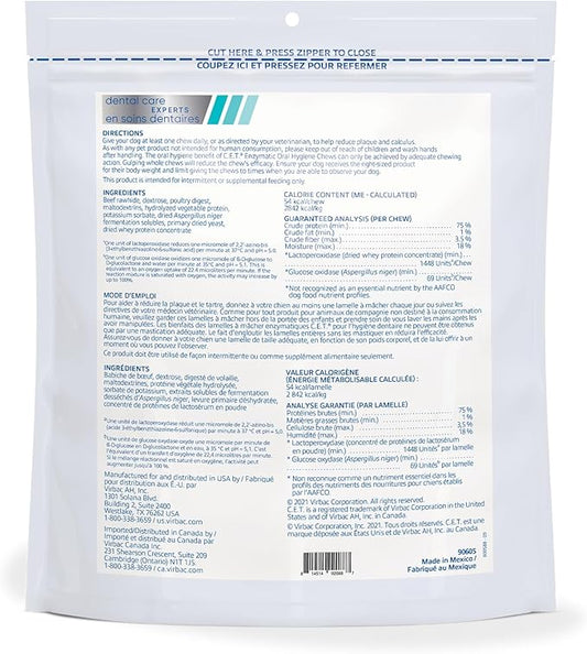 C.E.T. Enzymatic Oral Hygiene Chews for Dogs - Plaque & Tartar Control - Single Layer Beefhide with Exclusive Dual-Enzyme System & Tasty Chicken Flavor - Easy to Give Dog Dental Chew