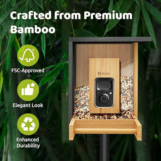 Birdfy Smart Bird Feeder with Camera, High-End Bamboo, Solar Powered, 2K HD Live Stream, Auto Capture Birds & Notify in Time, AI Recognition, Ideal Present for Bird-Watching&Learning