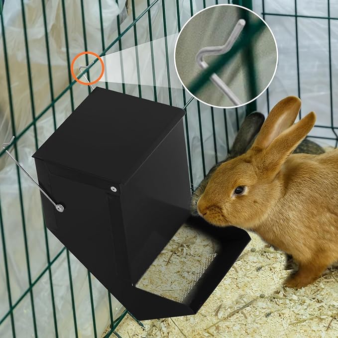 Maxcheck 2 Pcs Rabbit Feeder for Cages Small Animal Food Dispenser with Lid Metal Chicken Grit Oyster Shell Feeders Outside (4.7 Inches,Mesh Bottom,Black)