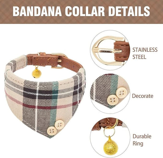 KOOLTAIL Small Dog Collar and Leash Set with Bowtie and Bells - Puppy Collar and Leash for Boy or Girl with Classic Plaid Matching Pattern, Soft Leather Tangle Free Leashes for Small Dogs,Cats,Beige