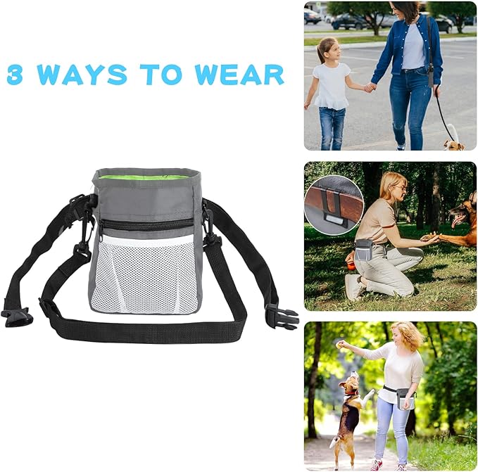 Dog Treat Pouch, 3 Ways to Wear Treat Pouches for Pet Training, Dog Training Treat Pouch with Waist Belt Shoulder Strap, Poop Bag, Collapsible Bowl, Dog Training Clicker