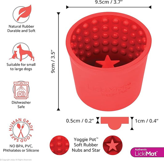 LICKIMAT Yoggie Pot - Distraction, Fun and Enrichment. Long Lasting Rubber Licking Treat Dispenser for All Dog Sizes and Slow Feeder for Small Dogs - Red