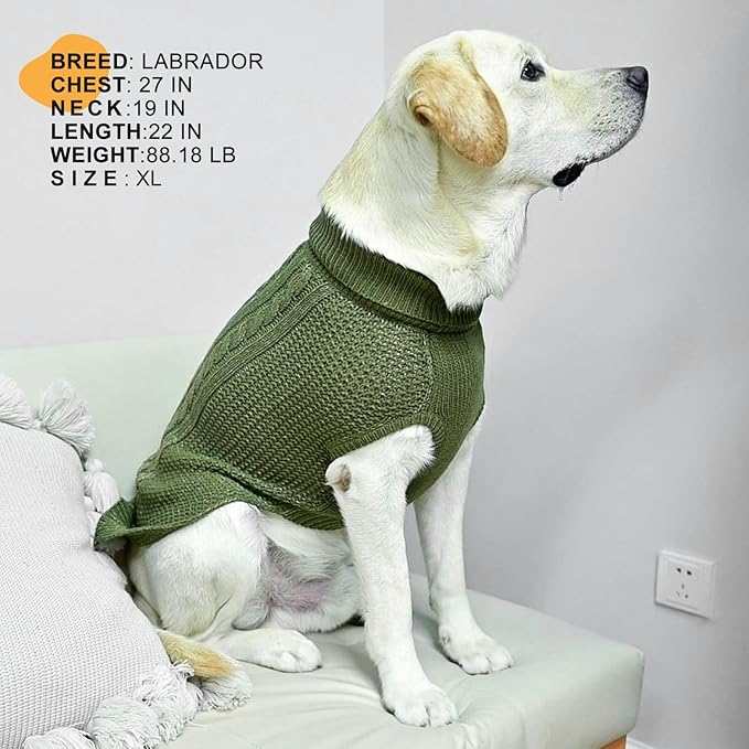 XL Dog Sweater, Classic Cable Knit Warm Dog Sweatshirt with Reflective Yarn for Girl Boy, Halloween Fall Winter Coat Turtleneck Pullover Clothes Apparel for Small Medium Large Dogs, Green XL
