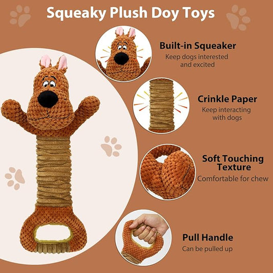 Squeak Plush Dog Toys Interactive Tug of War Puppy Toys with Crinkle Paper, Large Dog Chew Toy Pull Pet Toy for Small, Medium and Large Dogs