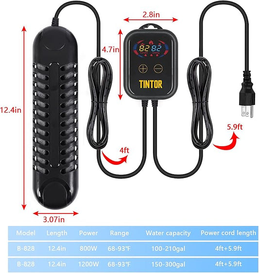 Submersible Aquarium Heater, 800W/1200W fish tank heater, double tube heating, rapid heating and energy saving, LED digital temperature controller, suitable for sea water and fresh water(1200W)