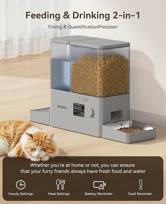 Rojeco 36Cups/8.5L Pet Automatic Cat Feeder and Gravity Water Dispenser,Stainless Steel Bowls 2-in-1 Set Large Capacity 5L Food Feeder and 3.5L Water Fountain for Cats,Pets,Small Dogs,Grey