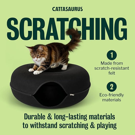 Cattasaurus Peekaboo Cat Cave Donut for Multiple & Large Cats up to 30-45 lbs, 3-in-1 Self Warming Cat Bed, Tunnel & Scratcher for Indoor Cats, Washable & Detachable Small Dog Bed (Black, Jumbo)